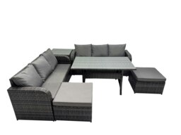 Rackhams 8 Seat Outdoor Wicker PE Rattan Garden Furniture Set Dining Table Sofa Set with 2 Big Stools Side Table Dark Grey Mixed - thumbnail 1