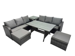 Rackhams 8 Seat Outdoor Wicker PE Rattan Garden Furniture Set Dining Table Sofa Set with 2 Big Stools Side Table Dark Grey Mixed - thumbnail 2