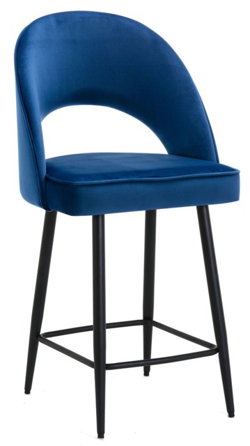 Rackhams Chelsea Velvet Bar Stool, Fixed Black Legs & Footrest, Padded Seat – Blue - image 1