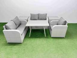 Rackhams 5 Seater Outdoor Rattan Garden Furniture Set Love Sofa Reclining Chair Set with Rectangular Dining Table 2 Side Tables Light Grey - thumbnail 1