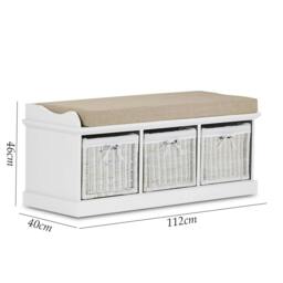 Rackhams Tetbury White Bench with White Wicker Baskets and Cream Cushion - 2 seater - thumbnail 3