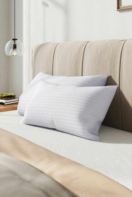 Rackhams 2Pcs Washable Stripe Bed Pillows Comfortable Medium Firm Support Pillows, 70cm L x 42cm W - White - image 1