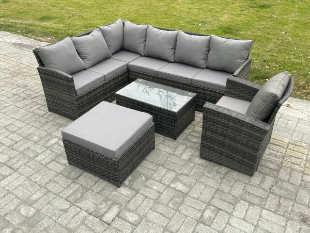 Rackhams 8 Seater Rattan Lounge Corner Sofa Set Wicker PE Outdoor Garden Furniture Set with Coffee Table Big Footstool Armchair Dark Grey Mixed - image 1
