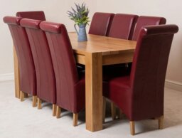 Rackhams Kuba Large Oak Dining Table with 8 Montana Burgundy Leather Chairs - 1 - Burgundy - 8 chairs