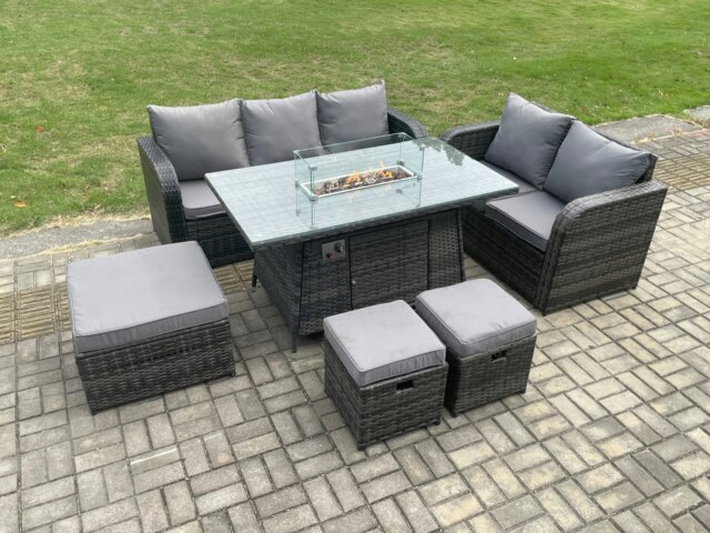 Rackhams Garden Patio Furniture Wicker Rattan Gas Fire Pit Table and Sofa Chair set with 3 Footstools Dark Grey Mixed - image 1