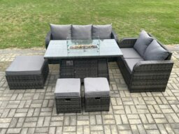 Rackhams Garden Patio Furniture Wicker Rattan Gas Fire Pit Table and Sofa Chair set with 3 Footstools Dark Grey Mixed - thumbnail 2