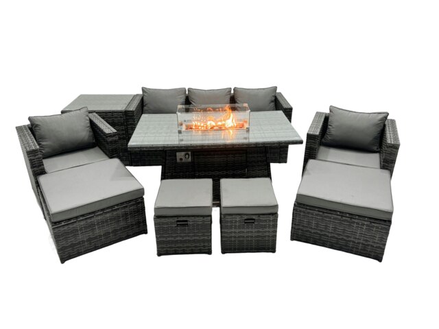 Rackhams Rattan Garden Furniture Fire Pit Dining Set 9 Seater Lounge Sofa Table Set with side table 4 Footstool - image 1