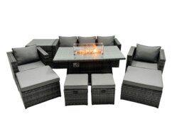 Rackhams Rattan Garden Furniture Fire Pit Dining Set 9 Seater Lounge Sofa Table Set with side table 4 Footstool - thumbnail 1