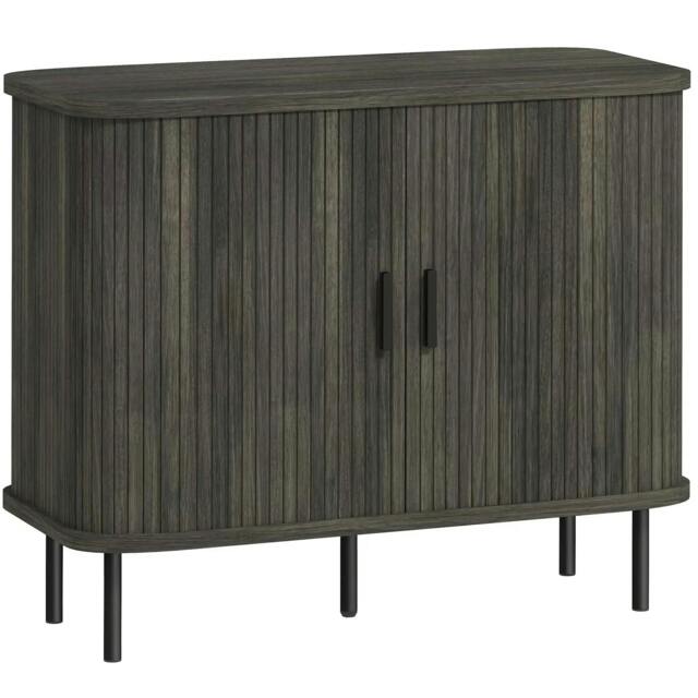Rackhams Mid-Century Modern Sideboard Storage Cabinet with Slatted Tambour Sliding Doors, Kitchen Cabinet with Steel Legs, Grey