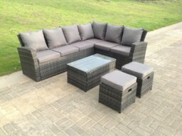 Rackhams 8 Seater High Back Rattan Garden Furniture Set Corner Sofa With Oblong Coffee Table Stools - thumbnail 1