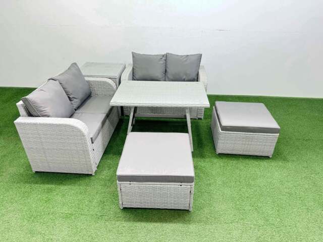 Rackhams 6 Seater Outdoor Love Sofa Set Rattan Garden Furniture Set with Rectangular Dining Table Side Table 2 Big Footstool Light Grey - image 1