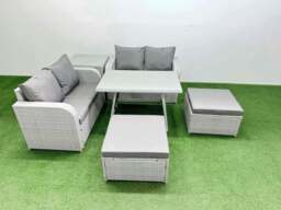 Rackhams 6 Seater Outdoor Love Sofa Set Rattan Garden Furniture Set with Rectangular Dining Table Side Table 2 Big Footstool Light Grey - thumbnail 1