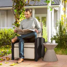 Rackhams Rattan Garden Recliner Sun Lounger w/ Flip Table, Khaki/Beige - Dark Brown/Khaki - thumbnail 1