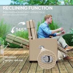 Rackhams Rattan Garden Recliner Sun Lounger w/ Flip Table, Khaki/Beige - Dark Brown/Khaki - thumbnail 4