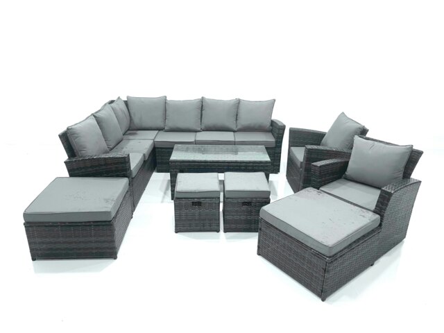 Rackhams 12 Seat Rattan Garden Furniture Corner Sofa Set Outdoor Patio Sofa Chair Table Set with 2 Small Footstools 2 Big Footstools Dark Grey Mixed - image 1