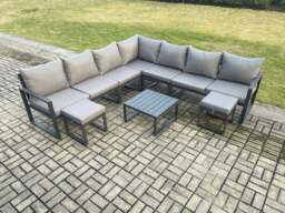 Rackhams Outdoor Garden Furniture Patio Lounge Corner Sofa Aluminium Set with Square Coffee Table 2 Small Footstools Dark Grey - thumbnail 1