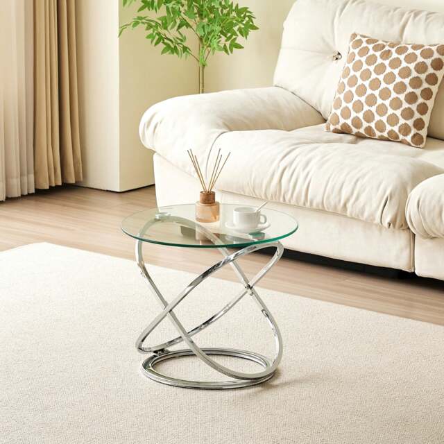 Rackhams Round Tempered Glass Lamp Side Table, Chrome Effect, Gold or Silver Living Room - Silver - image 1
