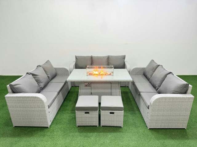 Rackhams PE Rattan Lounge Sofa Set 11 Seater Outdoor Garden Furniture Set with Fire Pit Dining Table 3 Seater Sofa 2 Stools Light Grey - image 1