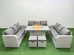 Rackhams PE Rattan Lounge Sofa Set 11 Seater Outdoor Garden Furniture Set with Fire Pit Dining Table 3 Seater Sofa 2 Stools Light Grey - thumbnail 1