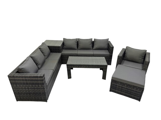 Rackhams Garden Rattan Outdoor Furniture Set 8 Seater Patio Corner Sofa Oblong Coffee Table with Chair Big Stool Side Table Dark Grey - image 1
