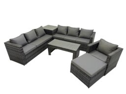 Rackhams Garden Rattan Outdoor Furniture Set 8 Seater Patio Corner Sofa Oblong Coffee Table with Chair Big Stool Side Table Dark Grey - thumbnail 2