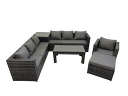 Rackhams Garden Rattan Outdoor Furniture Set 8 Seater Patio Corner Sofa Oblong Coffee Table with Chair Big Stool Side Table Dark Grey - thumbnail 1