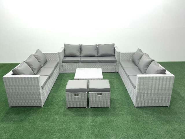 Rackhams Rattan Garden Outdoor Furniture Set 11 Seater Rattan Garden Sofa Set with 2 Small Footstools Light Grey Mixed - image 1