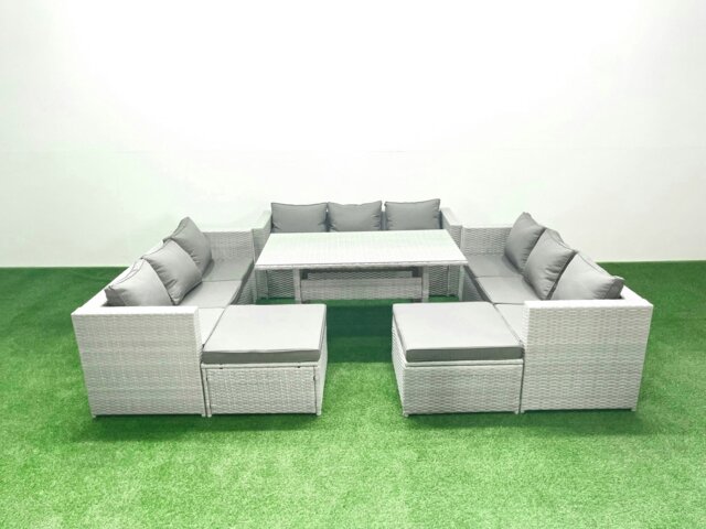 Rackhams Rattan Garden Outdoor Furniture Set 11 Seater Garden Sofa Rectangulr Dining Table Set with 2 Big Footstools Light Grey Mixed - image 1