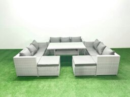 Rackhams Rattan Garden Outdoor Furniture Set 11 Seater Garden Sofa Rectangulr Dining Table Set with 2 Big Footstools Light Grey Mixed - thumbnail 1