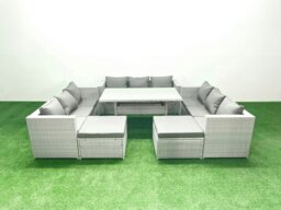 Rackhams Rattan Garden Outdoor Furniture Set 11 Seater Garden Sofa Rectangulr Dining Table Set with 2 Big Footstools Light Grey Mixed - thumbnail 2