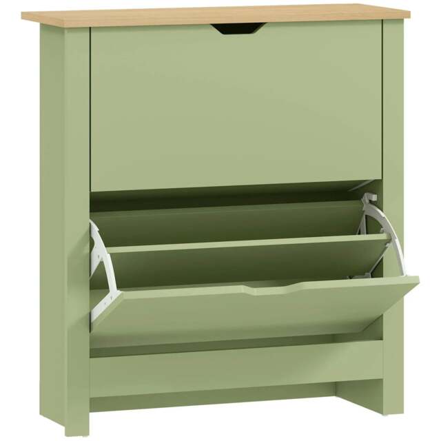 Rackhams Slim Shoe Cabinet, Narrow Shoe Cupboard with 2 Flip Drawers, Adjustable Shelves for 12 Pairs of Shoes, Green