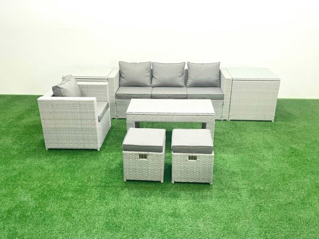 Rackhams Rattan Garden Furniture Set Outdoor Lounger Sofa with Coffee Table 2 Small Footstools 2 Side Tables Light Grey Mixed - image 1