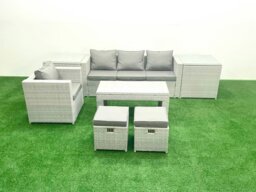 Rackhams Rattan Garden Furniture Set Outdoor Lounger Sofa with Coffee Table 2 Small Footstools 2 Side Tables Light Grey Mixed - thumbnail 2