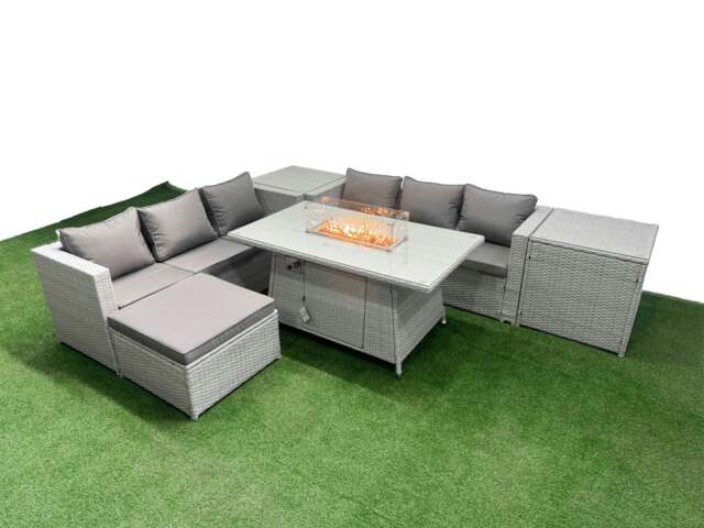 Rackhams 7 Seat PE Rattan Lounge Sofa Set Outdoor Garden Furniture Set with Fire Pit Dining Table 3 Seater Sofa Big Stool 2 Side Tables Light Grey - image 1