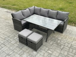 Rackhams Outdoor Rattan Garden Furniture Corner Sofa Set with Rectangular Dining Table 2 Small Footstools Patio Wicker Rattan Set Dark Grey Mixed - thumbnail 1
