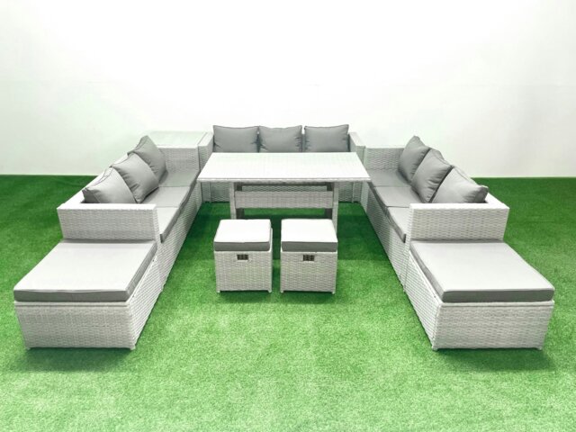 Rackhams Rattan Garden Furniture Dining Set 13 Seater Lounge Sofa Dining Table Set with 4 Footstools Side Table Light Grey Mixed - image 1