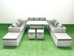 Rackhams Rattan Garden Furniture Dining Set 13 Seater Lounge Sofa Dining Table Set with 4 Footstools Side Table Light Grey Mixed - thumbnail 2