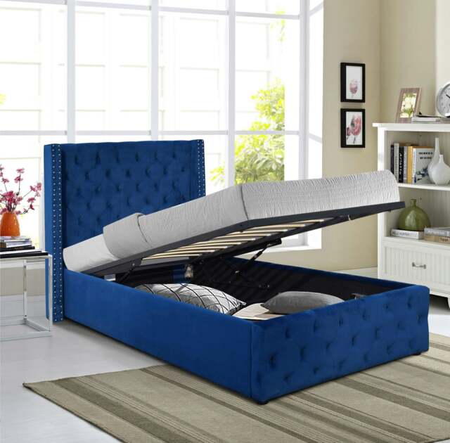 Rackhams Winged Plush Velvet Ottoman Bed - Blue - 3ft Single - image 1