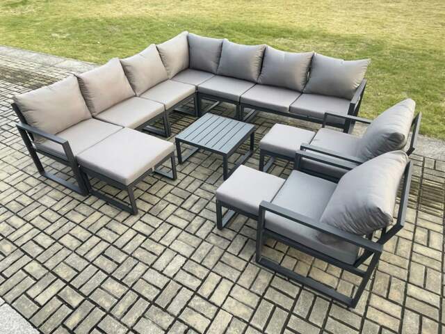 Rackhams Aluminium Outdoor Garden Furniture Set Lounge Corner Sofa Square Coffee Table 2 Pcs Chair Sets with 3 Footstools Dark Grey
