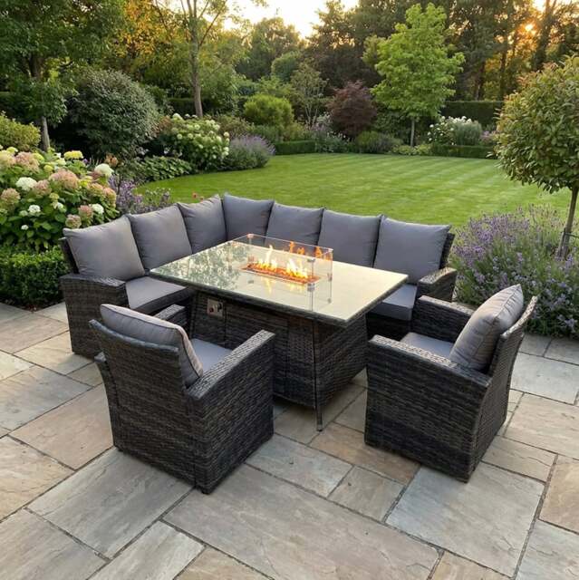 Rackhams 8 Seater Rattan High Back Garden Furniture Set with Gas Fire Pit Dining Table, Corner Sofa & 2 Chairs - Dark Grey - image 1