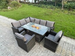 Rackhams 8 Seater Rattan High Back Garden Furniture Set with Gas Fire Pit Dining Table, Corner Sofa & 2 Chairs - Dark Grey - thumbnail 3