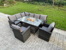 Rackhams 8 Seater Rattan High Back Garden Furniture Set with Gas Fire Pit Dining Table, Corner Sofa & 2 Chairs - Dark Grey - thumbnail 2