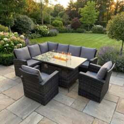 Rackhams 8 Seater Rattan High Back Garden Furniture Set with Gas Fire Pit Dining Table, Corner Sofa & 2 Chairs - Dark Grey
