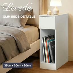 Rackhams Bedside Table Cabinet  Narrow Slim Side Cabinet White Drawer Open Shelf - thumbnail 2