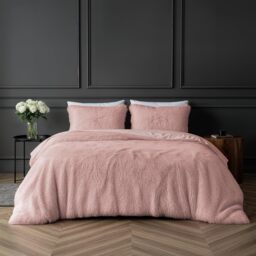 Rackhams Teddy Long Pile Faux Fur Duvet Cover with Pillowcases - Blush Pink - King (220cm x 230cm)