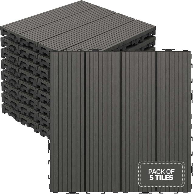 Rackhams My Garden Interlocking Decking Tiles Outdoor 5 Pack – 30x30cm Wood & Plastic Weather-Resistant, Easy Install - Grey - image 1