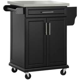 Rackhams Wooden Kitchen Island on Wheels, Serving Cart Storage Trolley with Stainless Steel Top, Drawer, Side Handle and Rack, Black - thumbnail 1