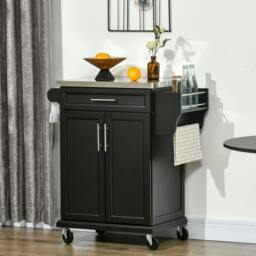 Rackhams Wooden Kitchen Island on Wheels, Serving Cart Storage Trolley with Stainless Steel Top, Drawer, Side Handle and Rack, Black - thumbnail 2
