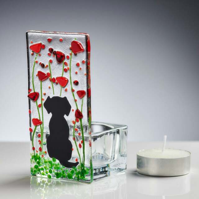 Rackhams Fused Glass Tea Light Holder – Dog & Poppy Design (Handmade)