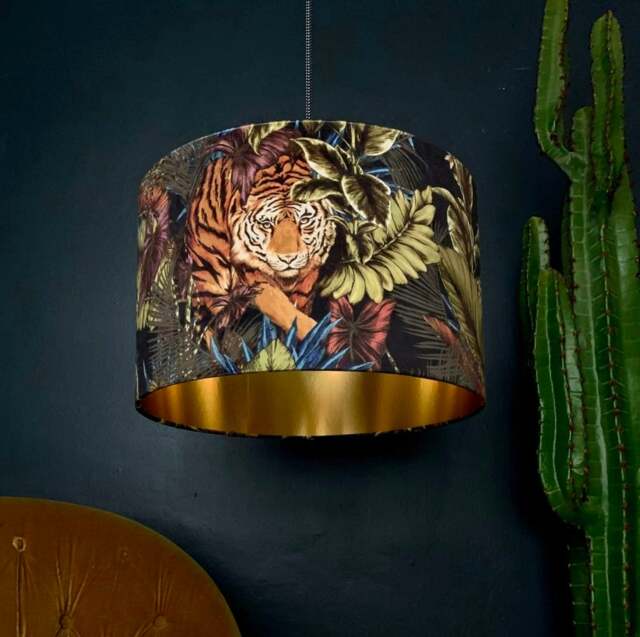 "Rackhams Big Cat Velvet Lampshade With Gold Lining In Rust - Ceiling Pendant / Arc Lamp - 35cm Diameter x 25cm Height (14"" x 10"")" - image 1